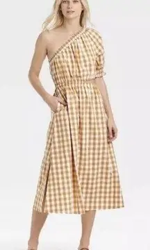 New WhoWhatWear One Shoulder Cut Out Midi Summer Dress Gingham Honey Mustard 2X