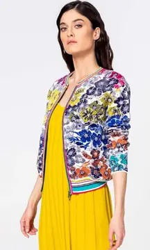 IVKO Floral Rhapsody Pattern Cardigan in White Cotton Zip Up Sweater Jacket