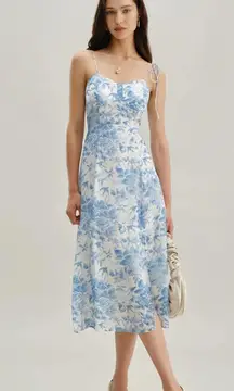 RIHOAS The Blue Sweetheart Neck Shirred Midi Dress M