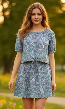 JENNIFER & Grace Top & Skirt Set Embroidered Scalloped neck Floral Size L and XL