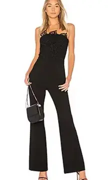 Rebecca Vallance Sophia Crepe 3D Lace Trim Strapless Jumpsuit Straight Leg Black
