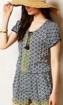 Anthropologie Lilka Tile Print Tassel Button Up Romper Pockets Embroidery Boho M