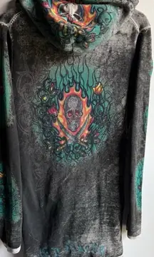 Y2K Ed Hardy Full Zip Hoodie Rhinestone Skull Back Medium Christian Audigier