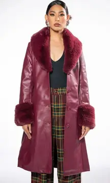 Azalea Wang Marbolo trench coat faux fur PU buttons shawl collar cuffs burgundy