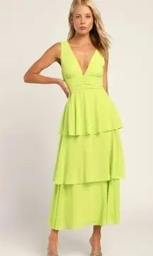 Lulus Celebration Time Dress M Lime Green Sleeveless Tiered Midi Chartreuse