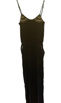 XOXO black jumpsuit gold studs purple sequin thon strap zip pockets wide leg