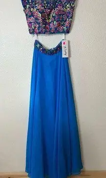 Angela & Alison 771032 turquoise colorful floral two piece prom dress NEW 0