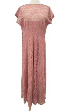 Vintage 50s Lace Overlay Dress Tulle Bow Back Formal Gown Side Zip Pink 1X