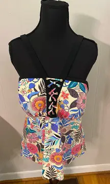 Time and Tru Lace Up Front & Back Tankini Top Floral‎ Adjustable Straps 1X 16/18