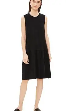 Eileen Fisher  Tencel Jersey Drop-Waist Dress Mini Mock Neck Soft Flare Black XS