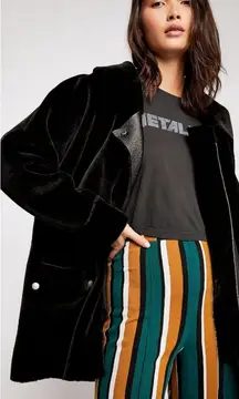 Free People Lindsay Black Faux Fur Sherpa Leather Coat Moto Jacket Zip Large