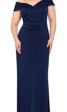 XSCAPE Off-the-Shoulder Gown‎ Navy Size 16 Style XC187 Ruched Wedding Formal