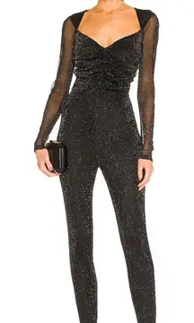 NWT NBD Revolve Black Shimmer Sienna Catsuit Jumpsuit Sheer‎ Sleeves Ruched, S