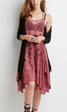 Dusty Rose Sheer Floral Lace Lagenlook Fairy Prairie Cottagecore Dress Small