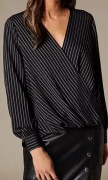 Karen Millen Pinstripe‎ Wrap Blouse Black Long Sleeve Size US 4