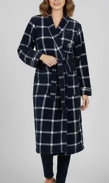 Lauren Ralph Lauren Women Plaid Fleece Robe Navy Blue White Belted Lounge Medium