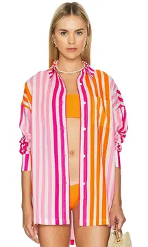Beach Riot Sunset Stripes Alexa Button Down Cotton Swim Cover Up Top S/M
