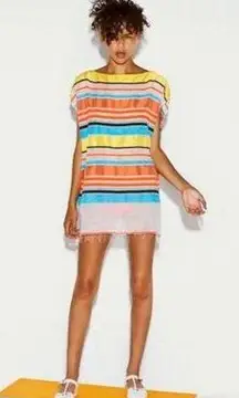 NEW LemLem Neon Orange Makeda Gauze Poncho Striped Multicolor Tunic Top S