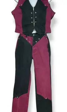 Vintage Western Ethics Jeans Vest Top Pants Country Maroon Black Women Two Tone