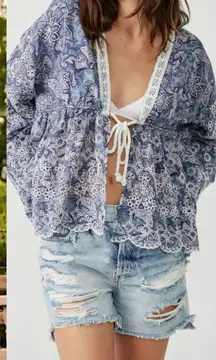 Free People Ethereal Romantic Cottage Eyelet Lace Anissa Bed Jacket Blue Large