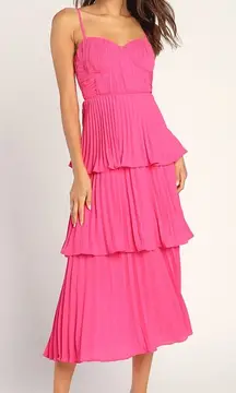 NWT Lulus Cascading Crush Hot Pink Tiered Midi Dress Wedding Gala Banquet Sz XL