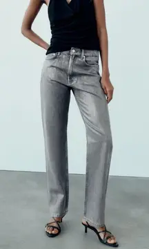 Zara MID RISE STRAIGHT LEG FOIL METALLIC JEANS SILVER/GRAY SIZE 0 NEW