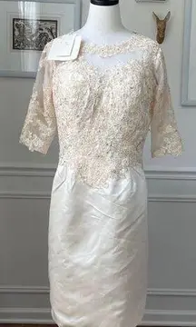 NWT Lin Tang Bride Cream Ivory Lace Satin Elbow Sleeve Dress 10