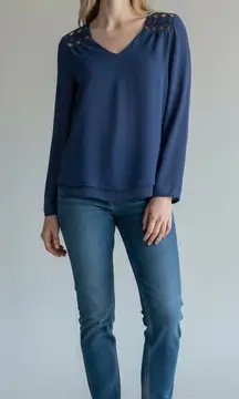 Monteau small navy blue long sleeve top V-neckline intricate cutout flowy fit
