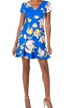 Adrianna Papell Women's Blue Tulip Print‎ Scalloped Flounce Hem Dress Size US 6