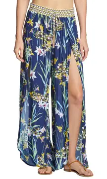 Trina Turk‎ Fiji Print Blue Floral Pants LARGE Swim Coverup Tropical Hawaiian