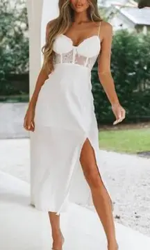 SELFIE LESLIE Trophy White Lace Bustier Midi Dress Corset Sheer Thigh Slit Large