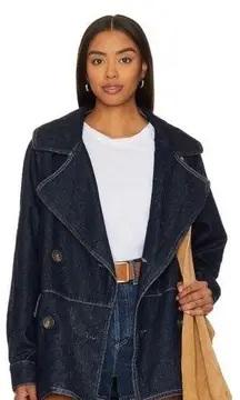 NWOT Free People Denim Car Coat Contrast Stitch Big Buttons Slouchy Large Blue