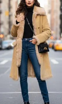 BCBGMaxAzria 100% Leather Sueded Shearling Coat Size Medium Old Money Mob Wife