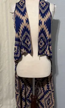 Timing Aztec Print Duster Vest Women's M/L Blue Tan Open Front Long Cardigan