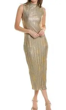 Line & Dot Naomi Gold Metallic Pleated Sheath Body -Con Midi Dress Women's S NWT