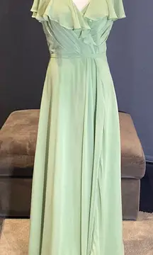 Women’s Full Length Green Chiffon Ruffle Dress Corset Back Leg Slit Size 12