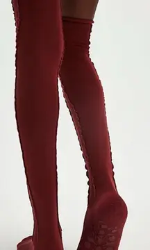Free People Ruffle Over The Knee Grip Open Toe Socks NWT Wine