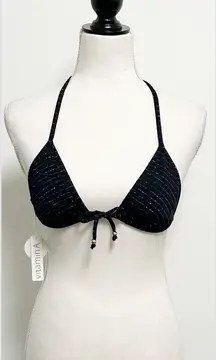 Vitamin A Black Metallic Silver Tone Stripe Reversible Tie Triangle Bikini Top 4