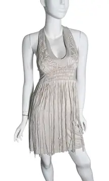 Babakul Dress Womens Small taupe gray Halter Fringe Boho Macrame Mini Festival