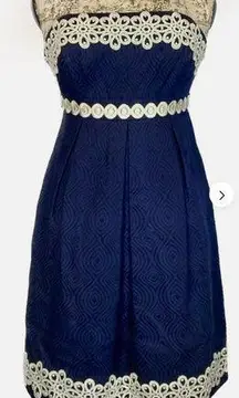 Lilly Pulitzer Betsey Strapless Jacquard Dress Gold Trim Empire Waist Navy 8