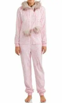 Holiday Time One-Piece Pajama Furry Hood Pink White Front Zipper Size M Medium