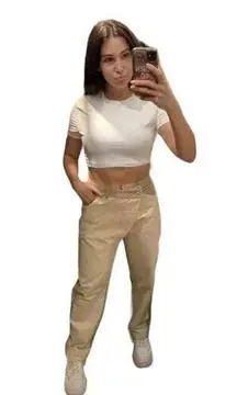 ZARA  Women's Contrasting Trim Crossover Waist Beige Khaki Pants Size M