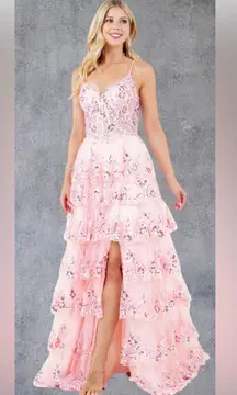 Cinderella Couture 8248J A Line Long Formal Ruffle Prom Dress Pink Size 0