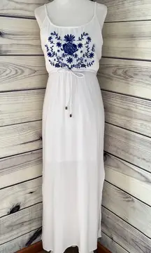 Almost Famous White & Blue Floral Embroidered Maxi Dress