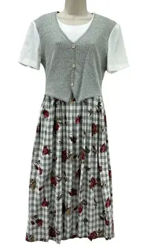 Allison-che Maxi Dress Womens‎ 8 Cream Gray Checkered Plaid Floral Print Vintage