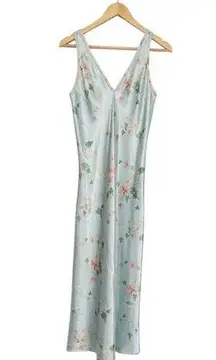 Vintage Halston Floral Satin Slip Dress Night Gown Blue Nightie Womens Small