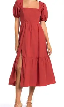 ASTR The Label Brick Puff Sleeve Midi Dress Square Neck Tiered Skirt‎ Size L