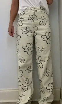 Bailey Rose Floral‎ Print Jeans Small White Denim Flower Wide Leg Retro Eclectic