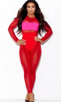 Adidas‎ Ivy Park Catsuit Red Pink Mesh Long Sleeve Bodysuit NWT Small Beyoncé