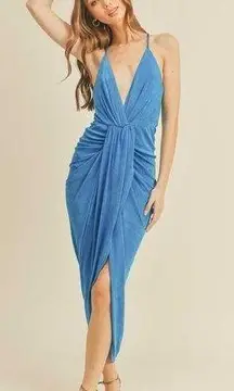 Mable Blue Deep V Draped Asymmetrical Sleeveless Midi Dress Size S NEW